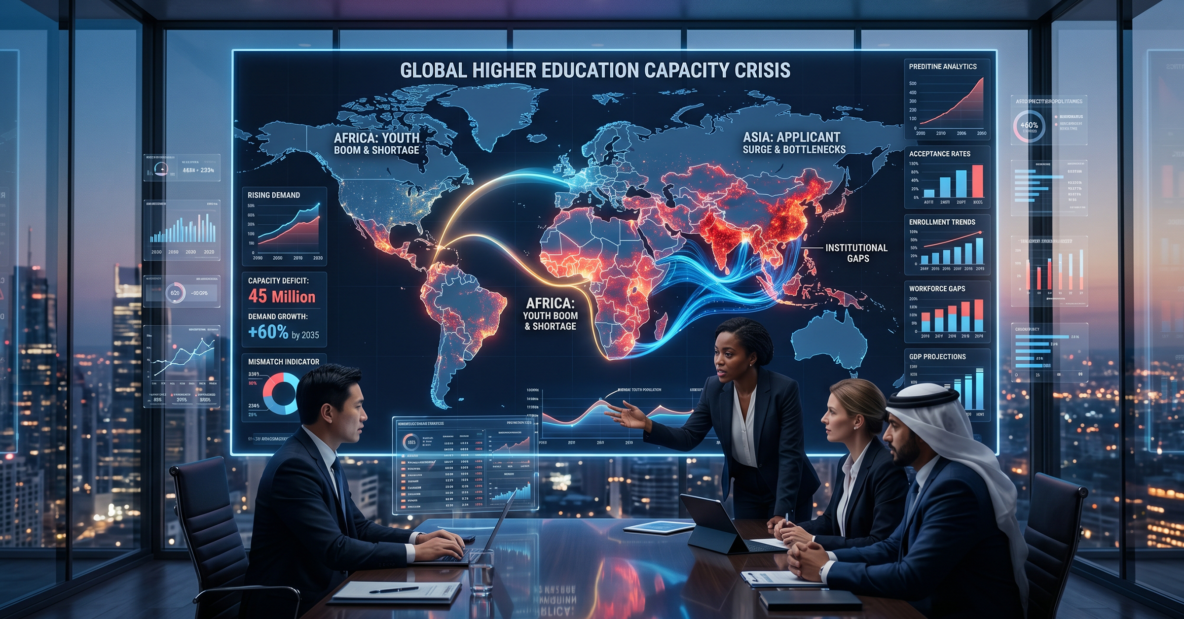 Global economic visualization showing a growing gap between student demand and university capacity across Africa, Asia, and emerging economies; large digital world map displaying rising youth populations, overflowing university pplicant pipelines, workforce shortages, and economic growth indicators; policymakers, university leaders, and economists reviewing higher education capacity dashboards in a modern strategy environment; premium thought-leadership style focused on education infrastructure and economic development