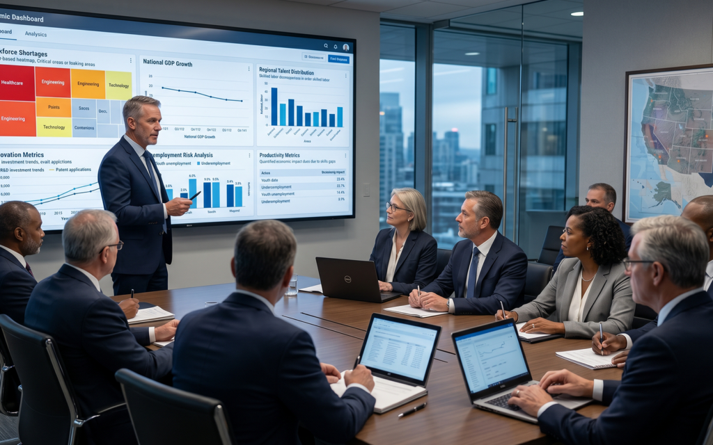 Executive-level economic dashboard displaying: workforce shortages GDP growth constraints talent shortages innovation decline unemployment risks lost productivity metrics modern government and economic planning environment showing how education access influences national competitiveness and economic performance