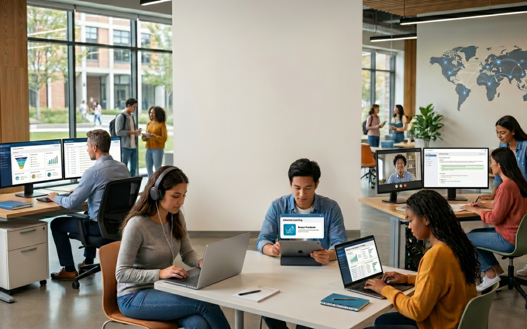 Modern digital university ecosystem featuring: online learning platforms virtual classrooms scalable admissions systems digital assessments student information systems hybrid learning environments visual representation of how technology increases higher education access without requiring proportional physical campus expansion