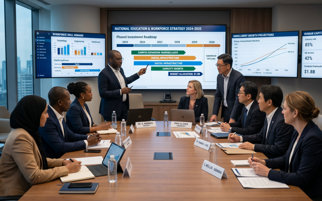 Governments, universities, development agencies, and private-sector leaders collaborating around large digital planning screens displaying education infrastructure investment roadmaps, workforce development strategies, enrollment growth projections, and national human capital development goals; high-level policy and economic development atmosphere
