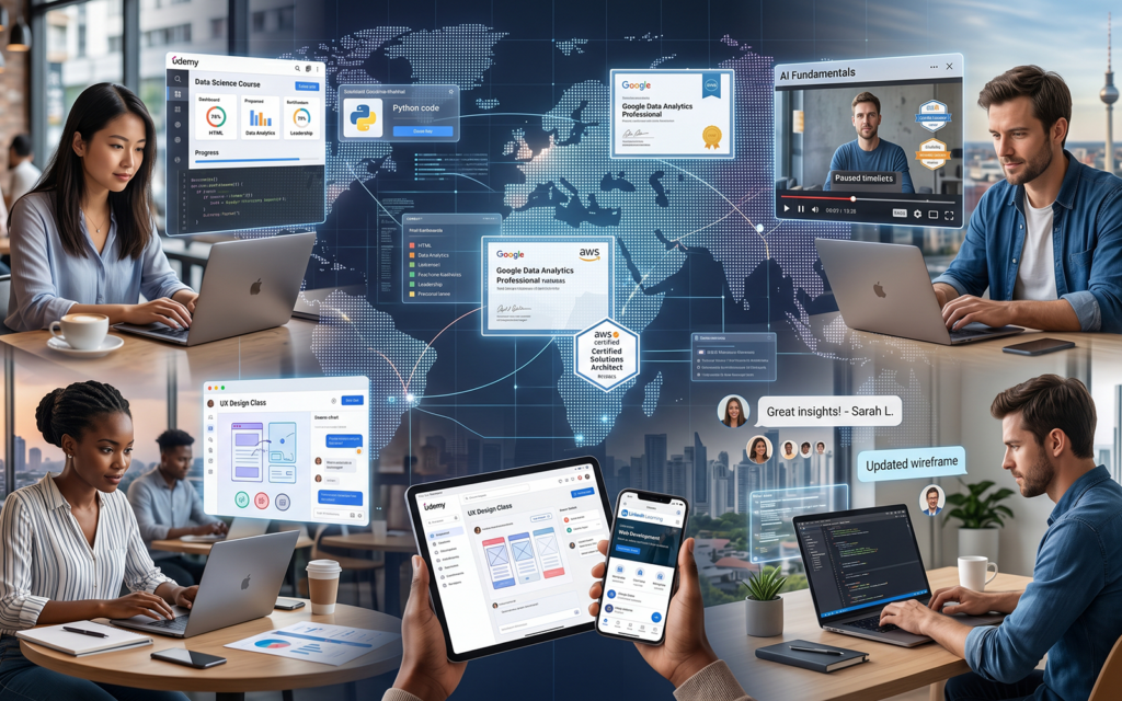 Large digital collage featuring: online course platforms professional certification programs industry communities video learning platforms remote skill development peer learning networks visualizing a decentralized global learning ecosystem where education happens across multiple connected digital environments