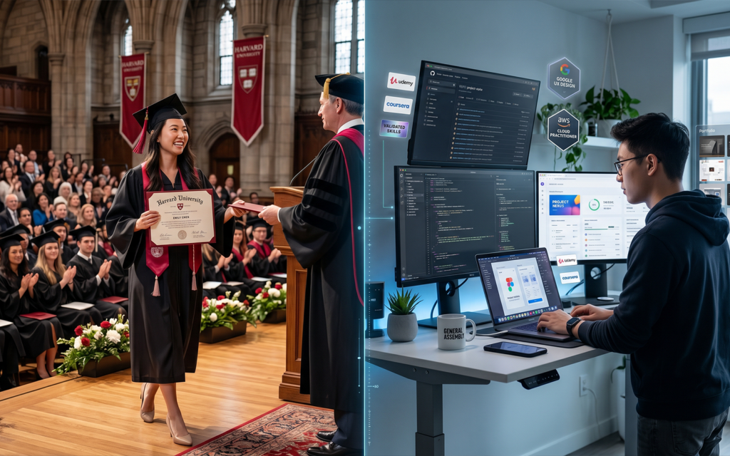 Split-screen comparison: Left side: traditional university diploma graduation ceremony formal academic pathways Right side: portfolio projects professional certifications GitHub repositories digital badges real-world work samples professional visualization showing the growing separation between knowledge acquisition and formal credential ownership