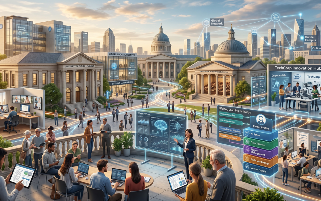 Future-focused higher education ecosystem combining: traditional universities microcredentials lifelong learning pathways industry partnerships online learning platforms stackable credentials workforce-aligned education professional strategic visualization showing how future universities evolve into flexible learning ecosystems serving learners throughout their careers rather than only during degree programs