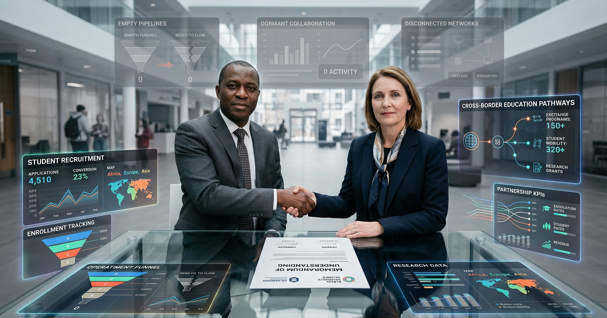 Senior university leaders from two international institutions shaking hands after signing an MOU while a faded background shows empty enrollment pipelines, inactive partnership dashboards, and stalled collaboration metrics; foreground displaying operational partnership infrastructure including student recruitment systems, enrollment tracking dashboards, cross-border education workflows, and measurable partnership outcomes; professional global higher education partnership strategy environment illustrating why university international partnerships fail when implementation is missing