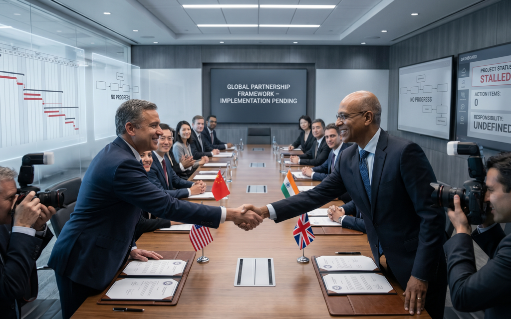 Professional boardroom scene showing: signed partnership documents ceremonial photo opportunities international delegation meetings inactive implementation plans missing accountability structures empty project timelines visual representation of international university collaboration failure caused by partnerships that stop at document signing rather than operational execution