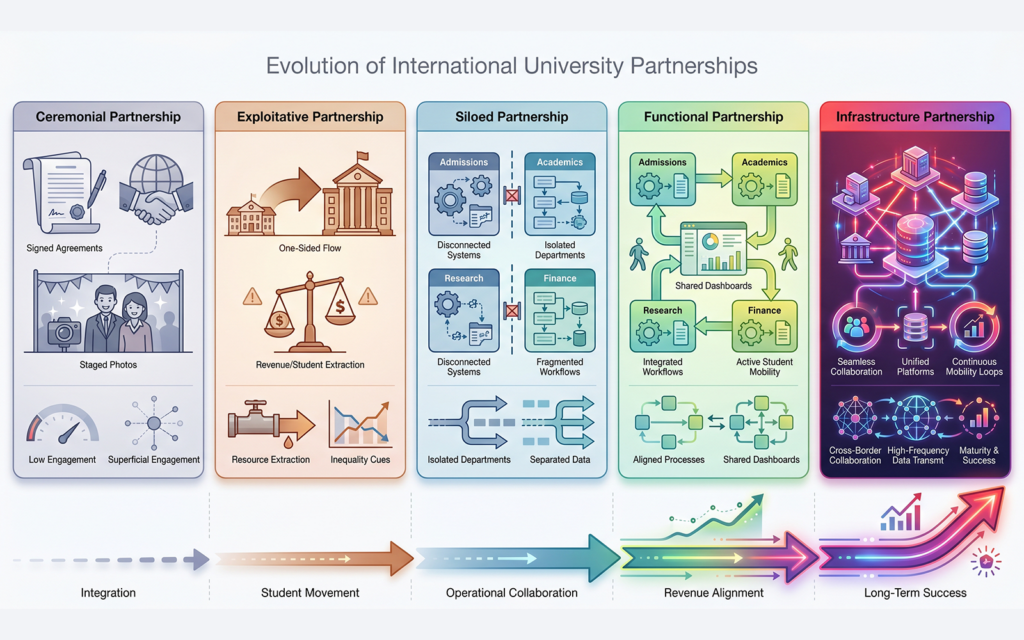 High-end infographic illustrating five university partnership models: Ceremonial Partnership Exploitative Partnership Siloed Partnership Functional Partnership Infrastructure Partnership with progression arrows showing increasing levels of integration, student movement, operational collaboration, revenue alignment, and long-term partnership success
