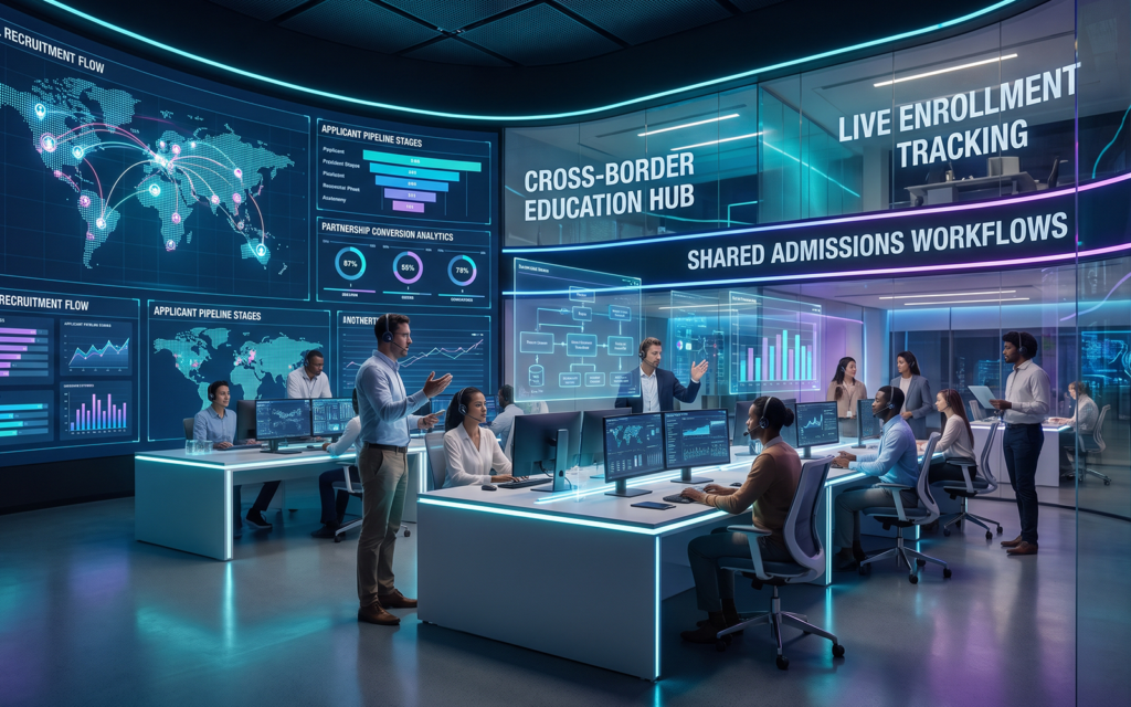 Cross-border education operations center featuring: shared recruitment dashboards coordinated admissions workflows student application pipelines enrollment conversion tracking partnership performance metrics dedicated partnership managers collaborating in real time professional visualization of a successful cross-border education partnership model focused on measurable enrollment outcomes