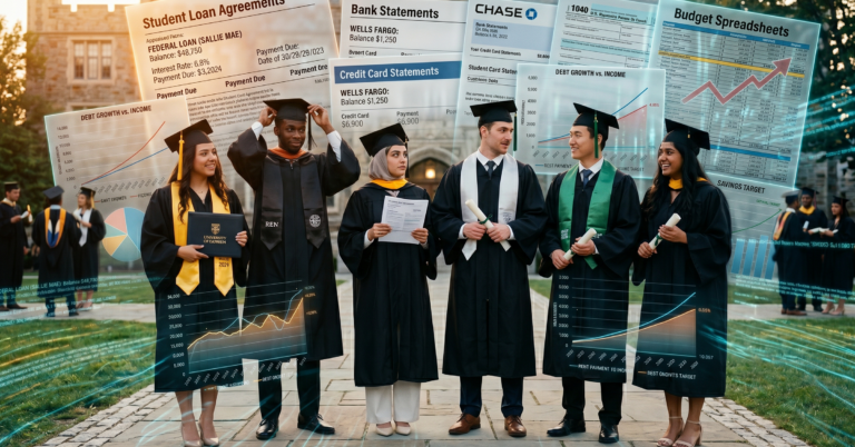Diverse group of university graduates celebrating academic success in graduation gowns while standing in front of complex financial realities including bank statements, loan agreements, credit card balances, tax documents, investment charts, and budgeting decisions they struggle to understand; contrast between academic achievement and financial uncertainty; professional global higher education environment illustrating the financial literacy gap facing modern graduates entering adult life unprepared for money management