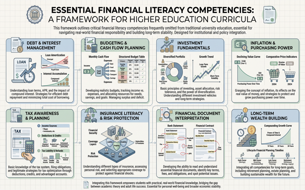 Modern educational infographic displaying essential financial literacy competencies often absent from university curricula: • debt and interest management • budgeting and cash flow planning • investment fundamentals • inflation and purchasing power • tax awareness • insurance literacy • financial document interpretation • long-term wealth building concepts clean academic and policy-focused design showing the practical financial knowledge graduates need to navigate adult life successfully