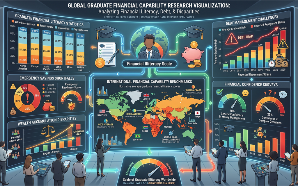 Global higher education research visualization featuring: • graduate financial literacy statistics • debt management challenges • emergency savings shortfalls • financial confidence surveys • wealth accumulation disparities • international financial capability benchmarks professional data-driven environment inspired by OECD and World Bank research illustrating the scale of financial illiteracy among graduates worldwide