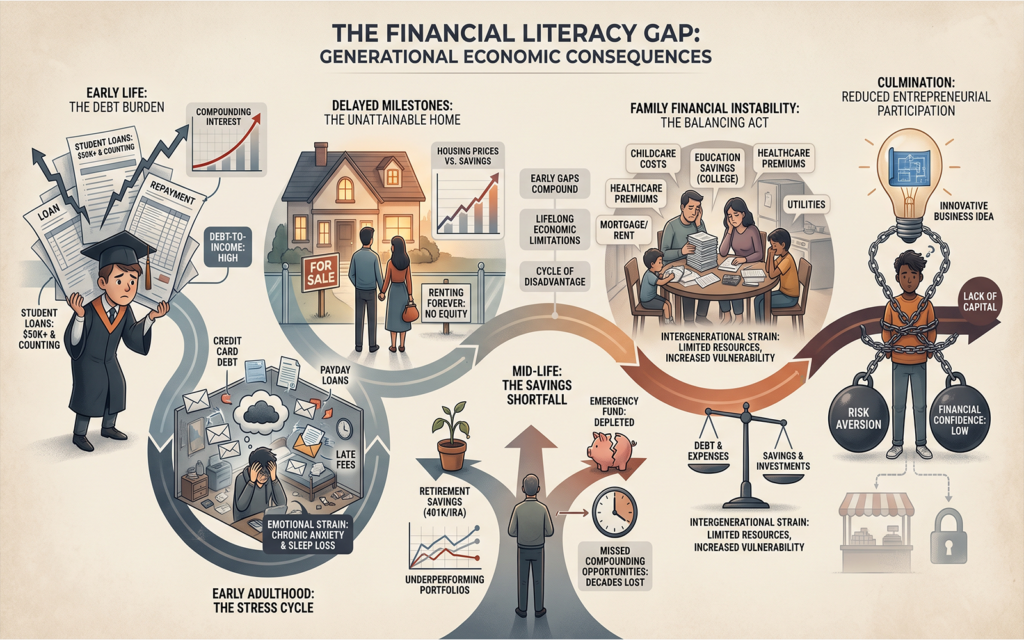 Multi-generational life journey visualization showing the long-term consequences of poor financial literacy: • student debt burdens • financial stress and anxiety • delayed home ownership • reduced savings and investment growth • family financial instability • lower entrepreneurial participation emotionally compelling yet professional social impact scene demonstrating how financial decisions compound across careers, families, and communities