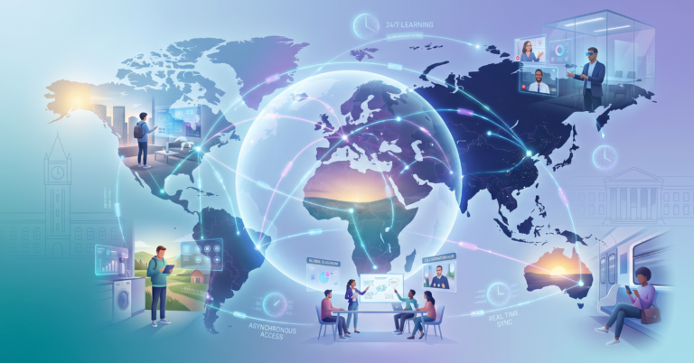 Futuristic global university ecosystem operating continuously across multiple time zones; students learning from different countries, cities, homes, workplaces, and mobile devices while connected through a unified digital academic environment; traditional campus buildings fading into the background as digital learning networks, virtual classrooms, enrollment systems, and global learning communities dominate the foreground; visionary higher education landscape illustrating the future of university education through always-on learning