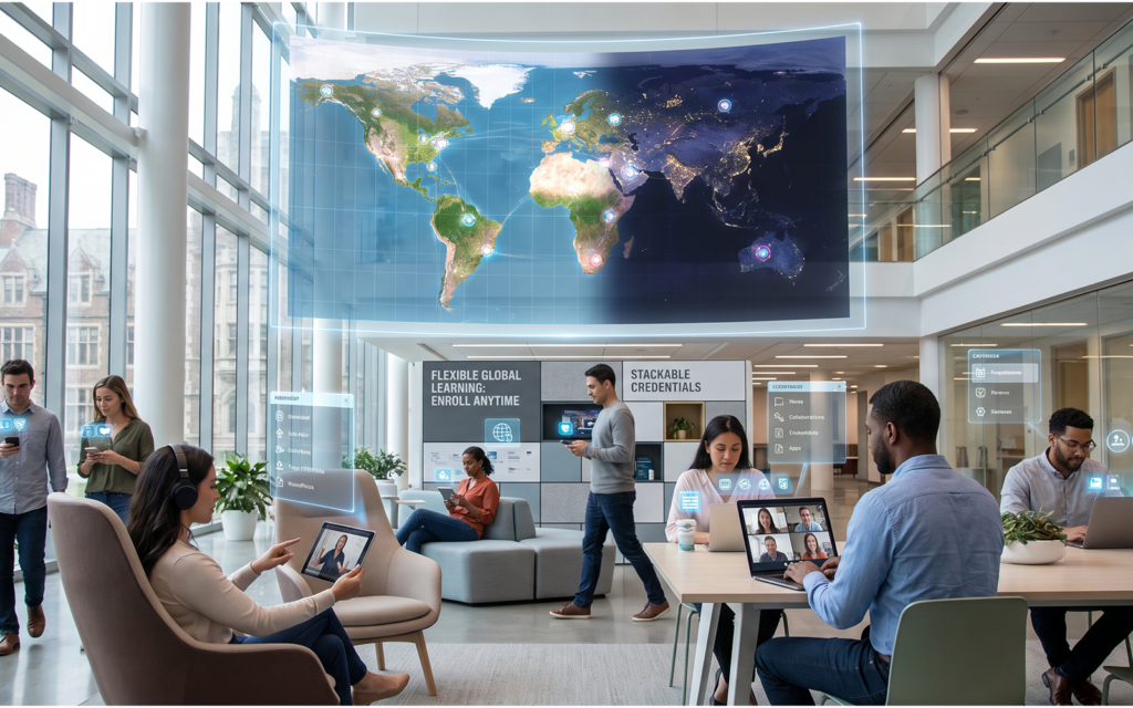 Modern global learning ecosystem displaying: • 24-hour learning access • asynchronous course participation • mobile-first learning experiences • global student connectivity • continuous academic engagement • digital student support systems • flexible enrollment pathways professional higher education transformation environment demonstrating education without restrictions of location, schedule, or traditional campus operating hours