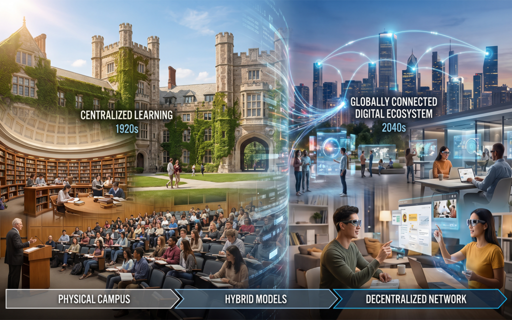 Conceptual higher education evolution visual showing the historical transition from traditional university infrastructure to digital academic ecosystems: • physical libraries transforming into digital knowledge platforms • lecture halls evolving into virtual classrooms • campus administration becoming online services • geographic boundaries dissolving into global access thought-provoking institutional strategy visualization illustrating how technology has gradually removed the historical constraints that once required centralized campuses