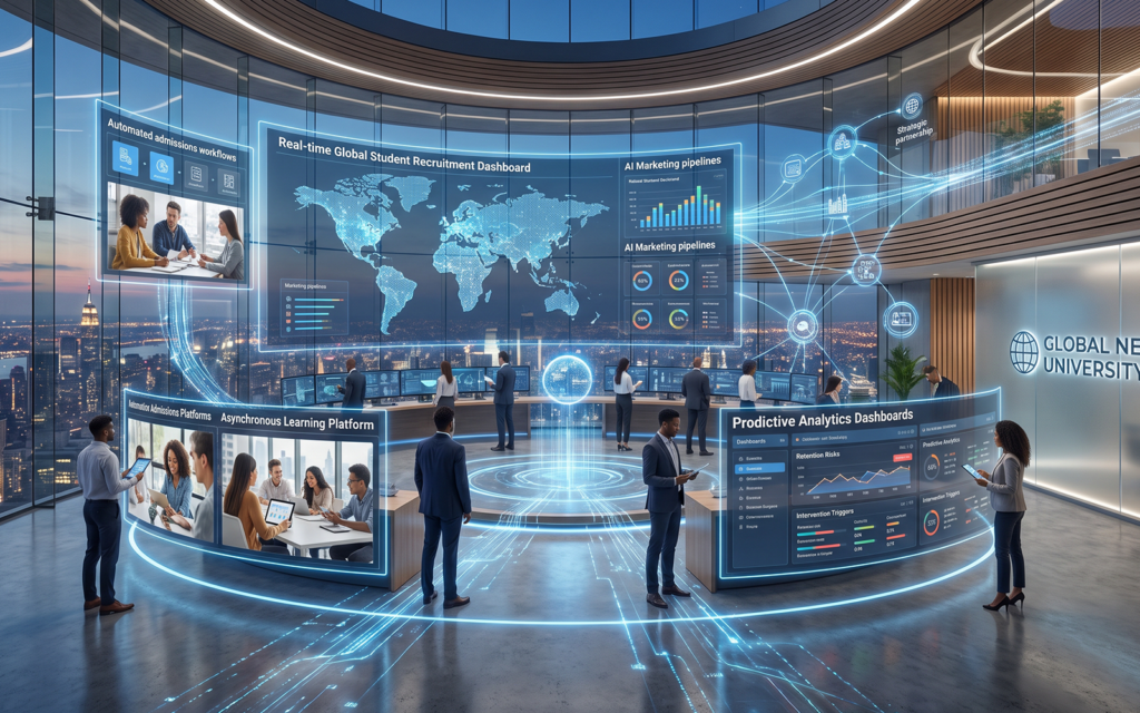 Sophisticated university transformation ecosystem displaying: • global student acquisition systems • digital enrollment infrastructure • asynchronous learning environments • communication automation platforms • student success monitoring tools • scalable academic delivery networks • international partnership frameworks future-focused higher education strategy environment illustrating the operational infrastructure required to support a university that serves learners anytime, anywhere, and at scale.