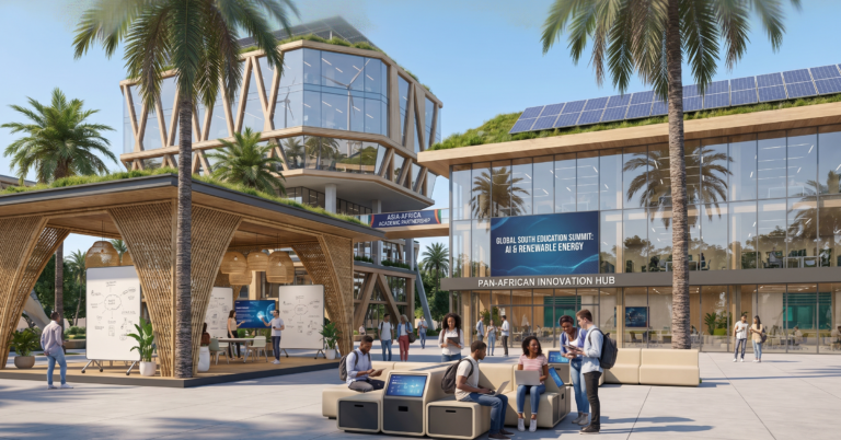 Modern African and Asian university campuses representing the future of global higher education growth; diverse students using digital learning platforms, smart classrooms, mobile-first education technology, innovation hubs, and research centers; global education investment atmosphere highlighting emerging universities Global South future education and the rise of next-generation institutions beyond traditional Western markets.