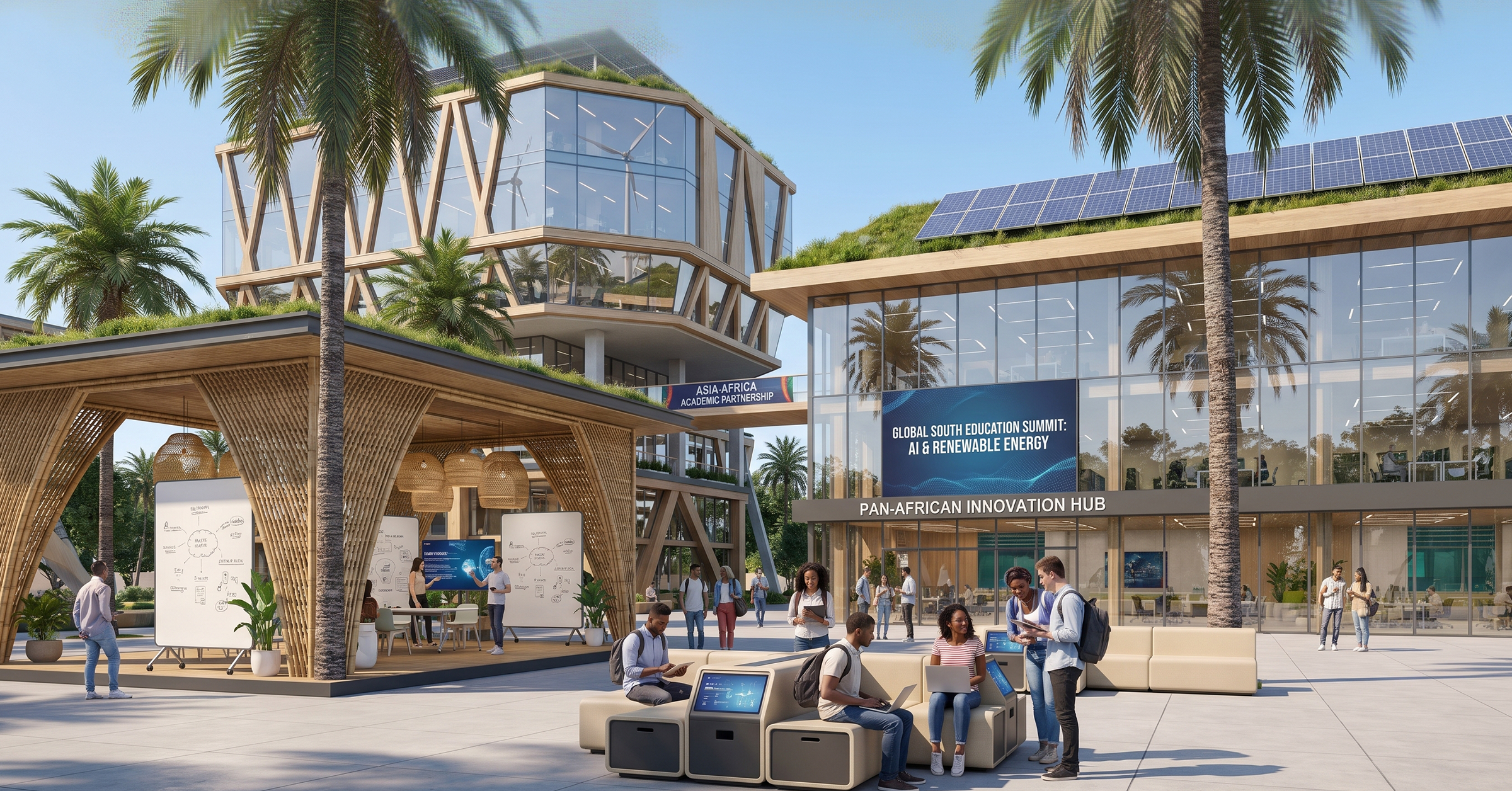 Modern African and Asian university campuses representing the future of global higher education growth; diverse students using digital learning platforms, smart classrooms, mobile-first education technology, innovation hubs, and research centers; global education investment atmosphere highlighting emerging universities Global South future education and the rise of next-generation institutions beyond traditional Western markets.