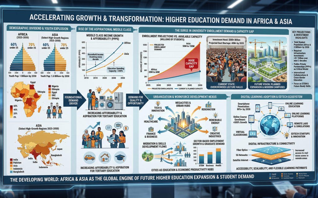 Large-scale infographic-style visualization showing: rapidly growing youth populations across Africa and Asia expanding middle-class families increasing university enrollment demand urbanization and workforce development trends digital learning adoption professional policy and investment-focused visual demonstrating developing world higher education growth and future student demand.