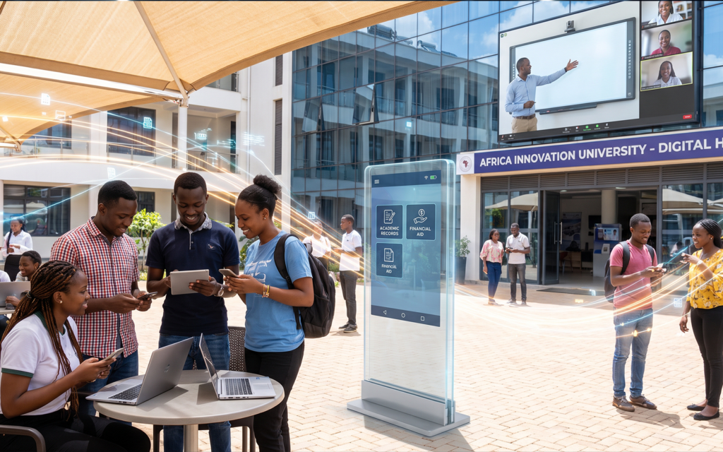 Modern university environment in Africa featuring: mobile-first learning platforms hybrid classrooms online student services cloud-based academic systems digital admissions and enrollment infrastructure visual representation of how next great universities emerging markets are leveraging technology to scale education access.
