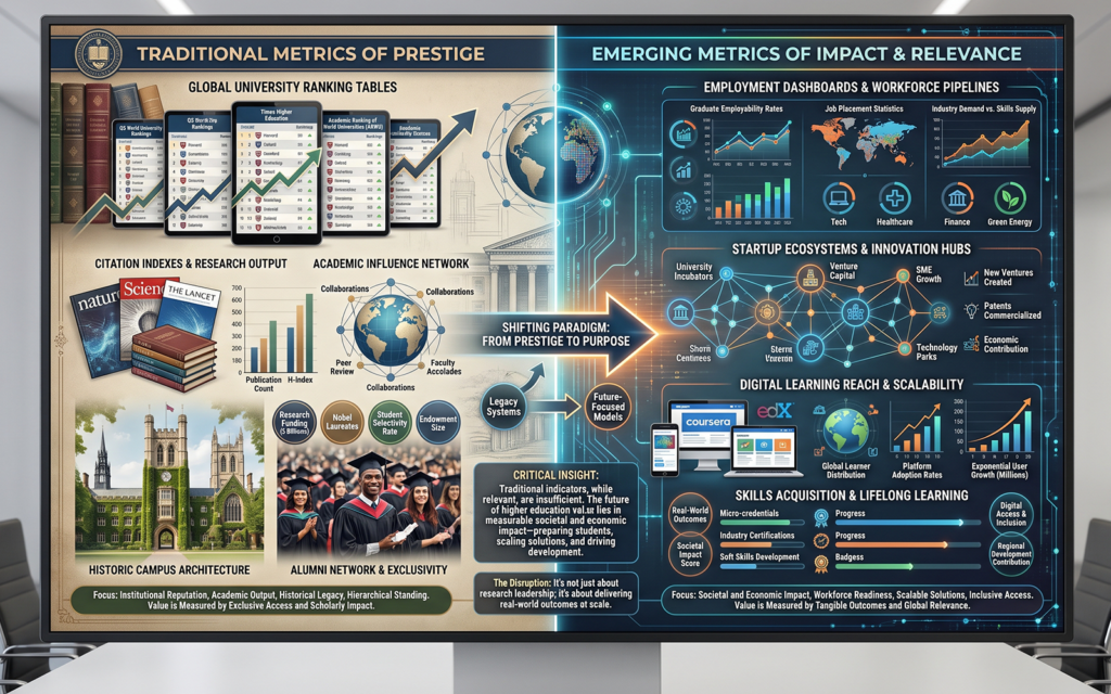 Split-screen comparison showing: Left side: historic global university rankings research citations traditional prestige indicators Right side: workforce development outcomes student employability digital education scale economic transformation impact strategic higher education analysis illustrating why traditional measures may not capture the future of global higher education disruption.