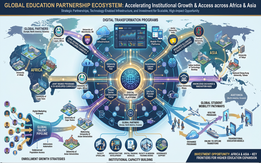 Professional partnership ecosystem inspired by EduTech Global showing: international university collaborations digital transformation programs enrollment growth strategies global student mobility pathways institutional capacity building modern education partnership environment demonstrating education investment opportunity Africa Asia and institutional growth infrastructure.