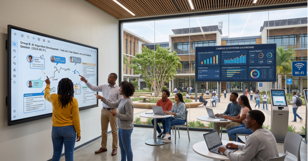 Modern African university operating as a fully connected digital campus, with students using mobile devices, smart classrooms, cloud-based learning platforms, digital admissions kiosks, self-service student portals, AI-powered support systems, and real-time campus analytics displayed on large digital screens. Professional higher education environment highlighting seamless technology integration, collaboration, and innovation across the institution.