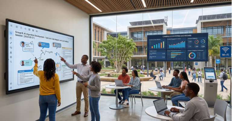 Modern African university operating as a fully connected digital campus, with students using mobile devices, smart classrooms, cloud-based learning platforms, digital admissions kiosks, self-service student portals, AI-powered support systems, and real-time campus analytics displayed on large digital screens. Professional higher education environment highlighting seamless technology integration, collaboration, and innovation across the institution.