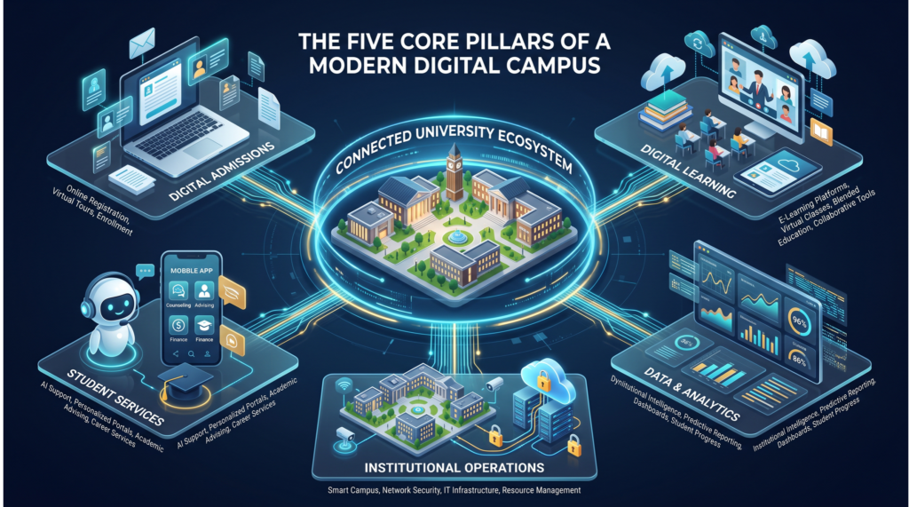 Professional infographic-style visualization illustrating the five core pillars of a digital campus: Digital Admissions Digital Learning Student Services Data & Analytics Institutional Operations Each pillar connects to a central university ecosystem, demonstrating how integrated technology creates a seamless student and administrative experience.