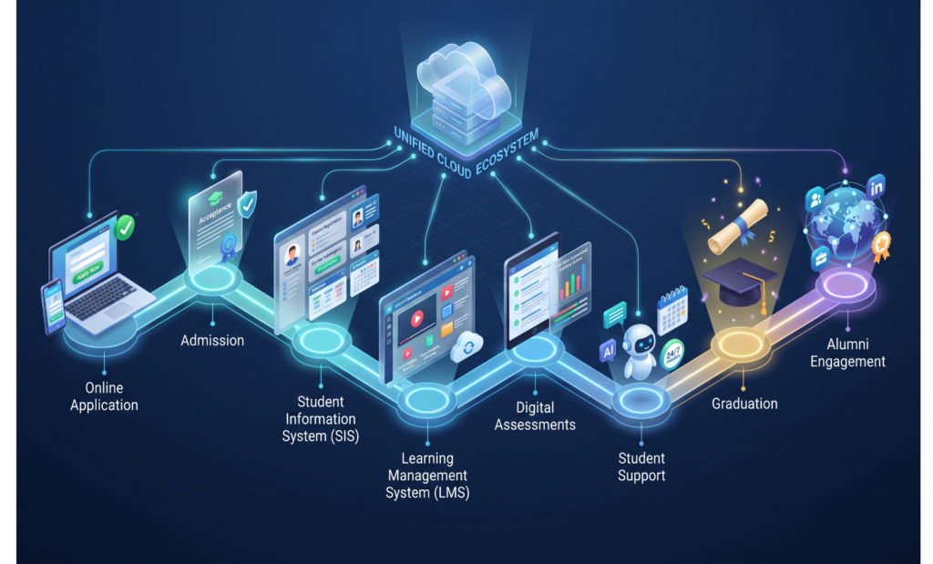 Visual workflow showing a student's complete digital journey: Online application Admission Student Information System Learning Management System Digital assessments Student support Graduation Alumni engagement Modern cloud-connected university ecosystem with smooth transitions between every stage.
