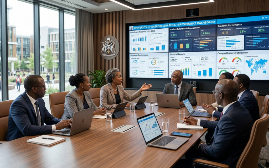 African university executives reviewing institutional dashboards displaying: Student engagement Enrollment analytics Learning performance Campus operations Resource utilisation Financial reporting Institutional KPIs Professional boardroom environment focused on strategic decision-making through data.
