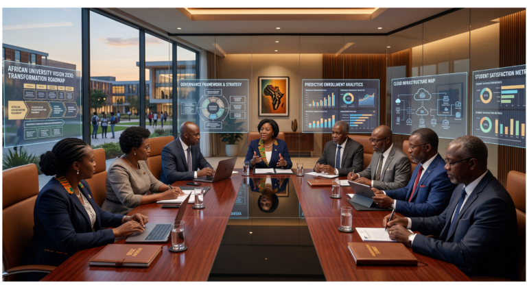 African university leadership team leading institutional transformation while faculty, IT teams, and administrators collaborate around interactive digital dashboards displaying transformation roadmaps, governance frameworks, analytics, cloud platforms, and student experience metrics. Executive atmosphere emphasizing leadership rather than technology alone.