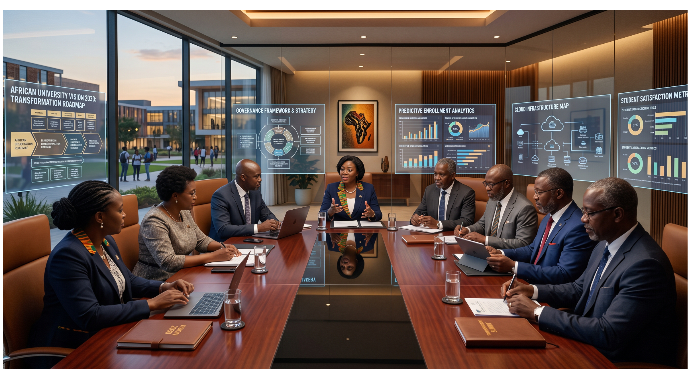 African university leadership team leading institutional transformation while faculty, IT teams, and administrators collaborate around interactive digital dashboards displaying transformation roadmaps, governance frameworks, analytics, cloud platforms, and student experience metrics. Executive atmosphere emphasizing leadership rather than technology alone.