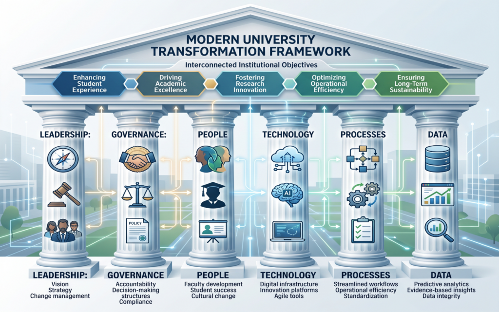 Professional strategy infographic displaying: Leadership Governance People Technology Processes Data Each pillar supports a modern university transformation framework with interconnected institutional objectives.