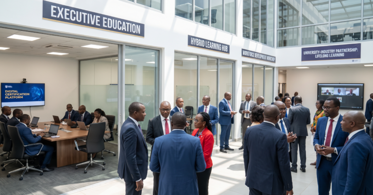 African university partnering with corporate executives in a professional training environment featuring executive education classrooms, hybrid learning, workforce development workshops, digital certification platforms, and business collaboration meetings. Atmosphere focused on lifelong learning, professional development, and industry partnerships.