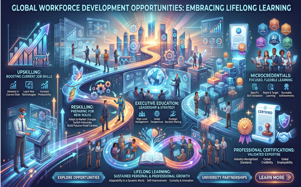 Professional infographic highlighting: Upskilling Reskilling Executive education Microcredentials Lifelong learning Professional certifications Modern business education design showing growing workforce development opportunities.