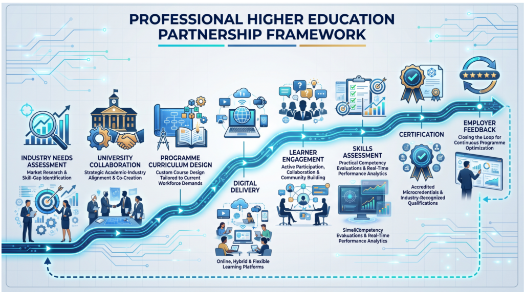 Strategic workflow showing: Industry needs assessment University collaboration Programme design Digital delivery Learner engagement Skills assessment Certification Employer feedback Professional higher education partnership framework.
