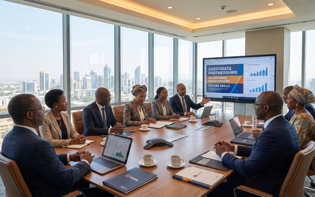 African university leaders meeting with business executives to discuss: Corporate partnerships Workforce development Skills alignment Professional education Executive programmes Industry advisory boards Modern corporate-university collaboration environment.