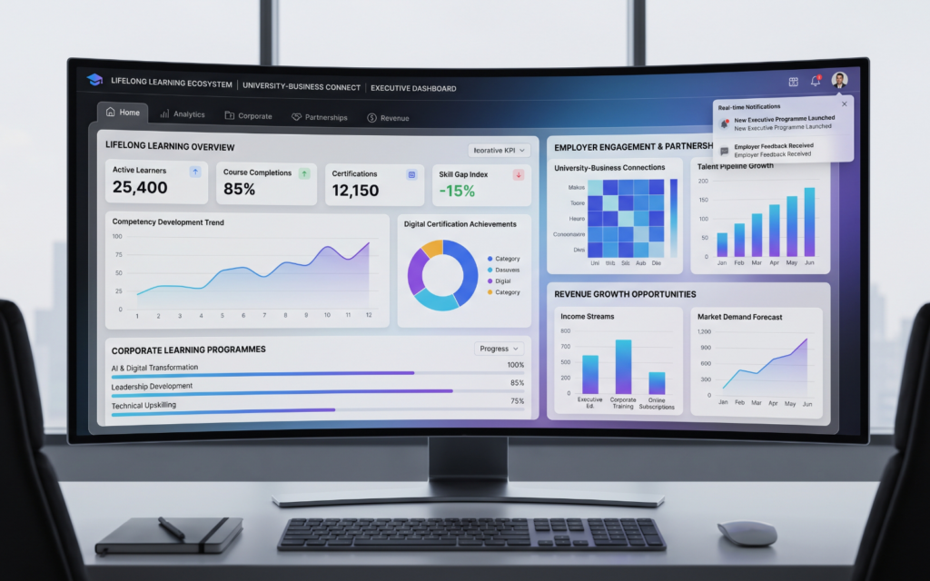 Enterprise-style dashboard visualizing: Corporate learning programmes Employee progress Digital certifications Learning analytics Executive education Employer engagement Revenue growth opportunities Professional lifelong learning ecosystem supporting universities and businesses.