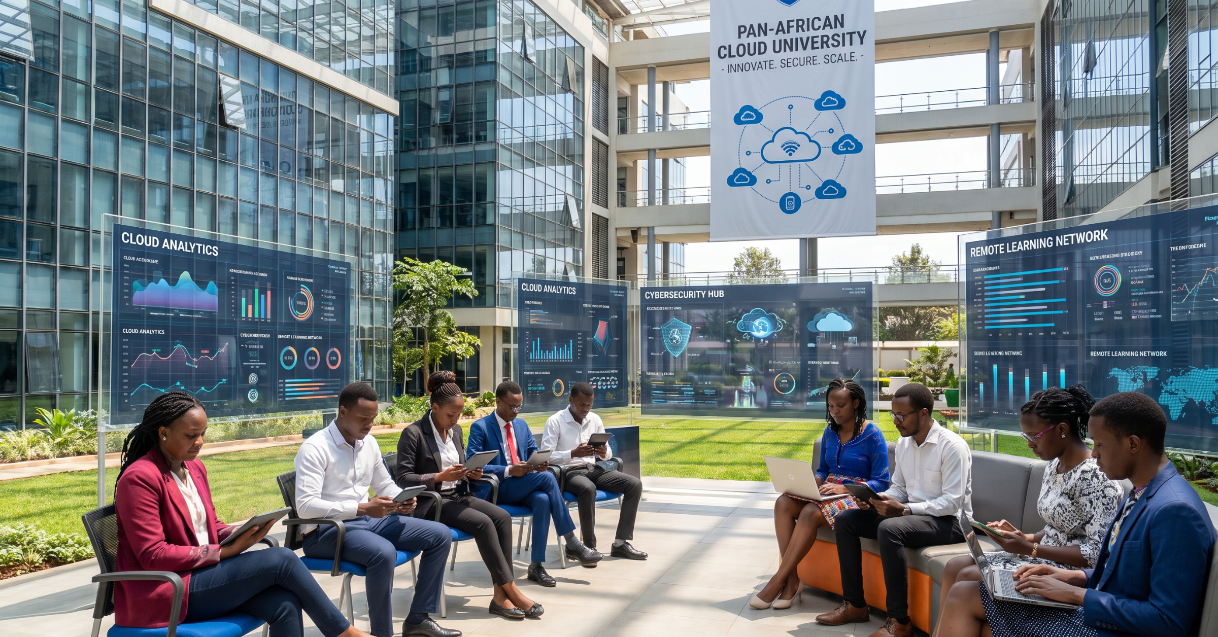 Modern African university powered by secure cloud infrastructure with cloud-connected classrooms, remote learning environments, centralized academic systems, AI-powered analytics, cybersecurity dashboards, and students accessing learning from multiple devices. Professional institutional atmosphere highlighting scalability, innovation, and digital resilience.