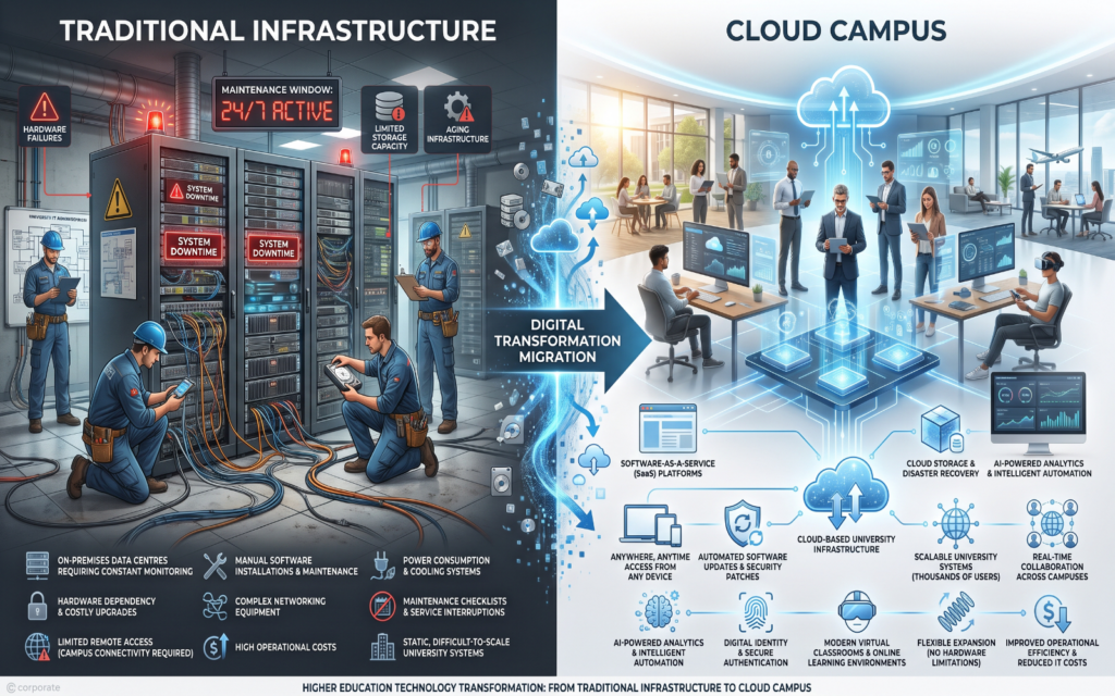 Professional split-screen comparison. Left Side Physical servers Data centres Manual maintenance Limited remote access Hardware dependency Right Side Cloud-based infrastructure SaaS platforms Anywhere access Automated updates Scalable university systems Executive comparison illustrating the advantages of cloud-first higher education.