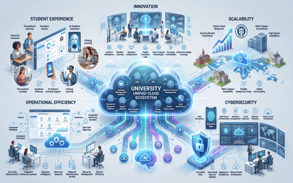 Professional infographic presenting: Scalability Cybersecurity Student experience Operational efficiency Innovation Each benefit connected to a modern cloud ecosystem supporting university-wide digital transformation.