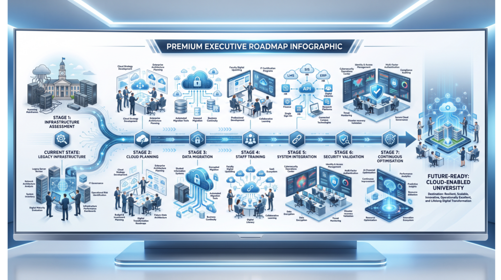 Executive roadmap visualization showing: Infrastructure assessment Cloud planning Data migration Staff training System integration Security validation Continuous optimisation Professional transformation framework designed for higher education institutions.