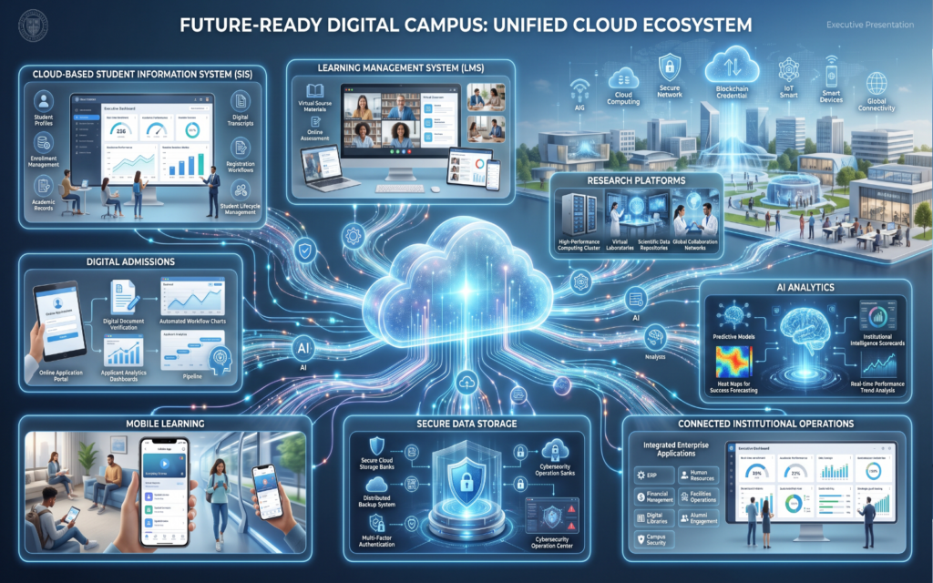 Comprehensive cloud ecosystem inspired by a modern university environment featuring: Cloud-based Student Information System Learning Management System Digital admissions Research platforms AI analytics Secure data storage Mobile learning Connected institutional operations Professional higher education technology environment demonstrating how cloud infrastructure forms the foundation of a future-ready digital campus.
