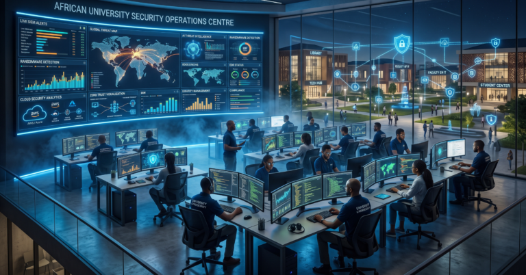 A modern African university Security Operations Centre (SOC) where IT leaders monitor the institution's digital campus through multiple cybersecurity dashboards. Display live threat monitoring, cloud security, student data protection, ransomware detection, and network analytics. In the background, show a connected digital campus with smart classrooms, research systems, and student portals to highlight cybersecurity as the foundation of digital transformation.