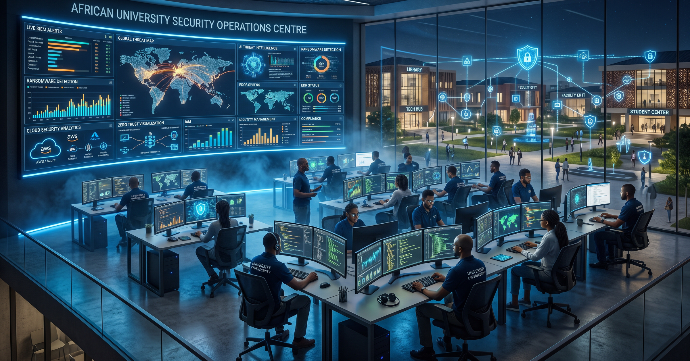 A modern African university Security Operations Centre (SOC) where IT leaders monitor the institution's digital campus through multiple cybersecurity dashboards. Display live threat monitoring, cloud security, student data protection, ransomware detection, and network analytics. In the background, show a connected digital campus with smart classrooms, research systems, and student portals to highlight cybersecurity as the foundation of digital transformation.