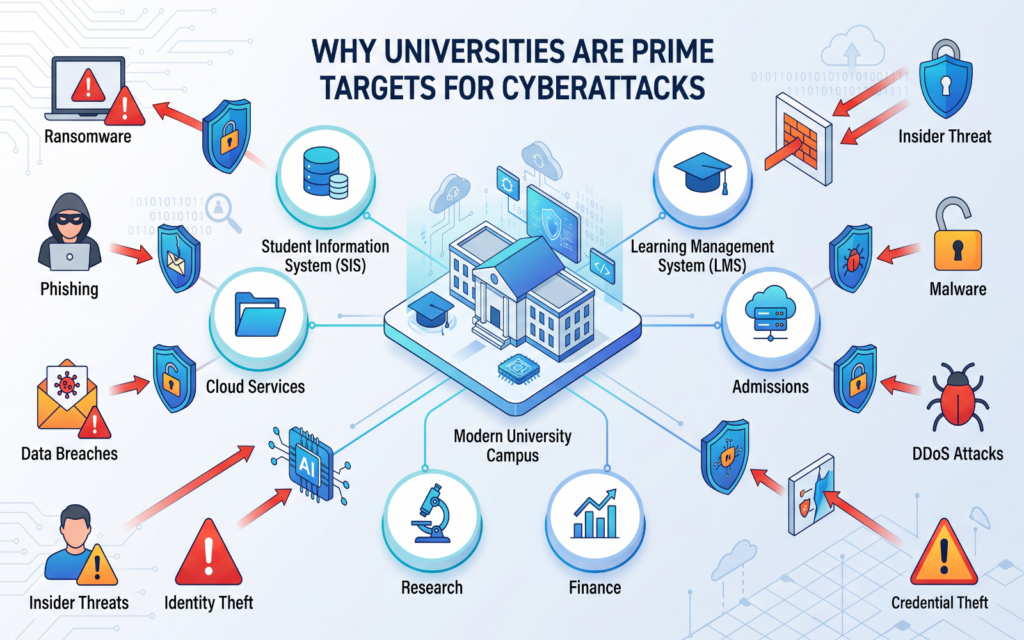 Create an infographic-style illustration showing a university at the center connected to key systems such as Student Information System, LMS, Admissions, Finance, Research, and Cloud Services. Surround these with cyber threats like ransomware, phishing, data breaches, and malware to demonstrate why universities are frequent targets.