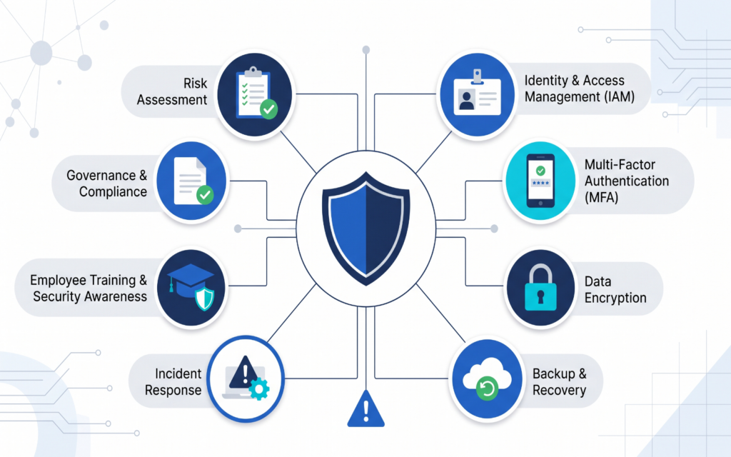 Illustrate a strategic cybersecurity framework with a central security shield connected to key components including Risk Assessment, Identity & Access Management, Multi-Factor Authentication, Data Encryption, Backup & Recovery, Incident Response, Employee Training, and Governance. Use a clean enterprise-style layout suitable for higher education.