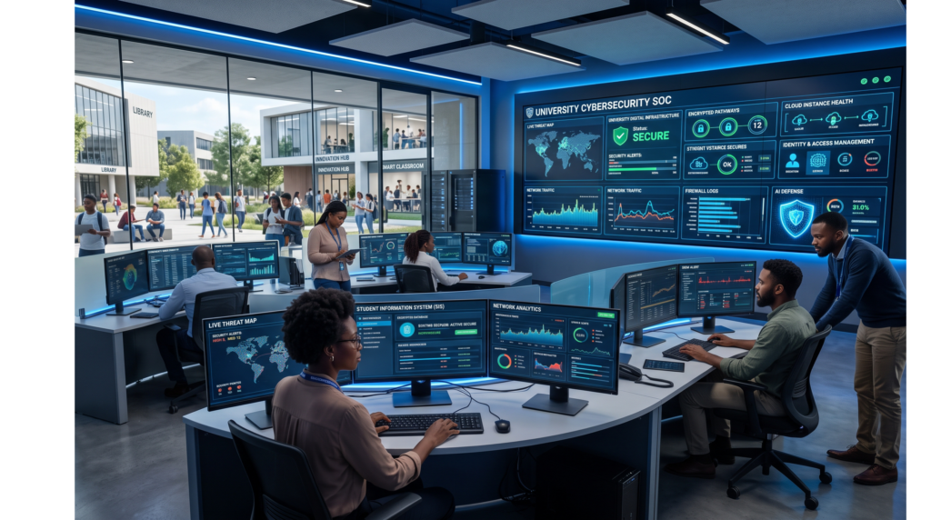 Show an IT security team monitoring university systems through real-time dashboards displaying secure student records, online examinations, admissions, cloud infrastructure, and network security. The scene should convey continuous protection of academic and administrative systems without disrupting student services.