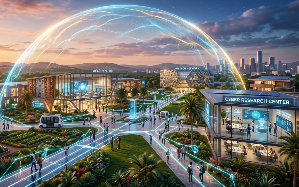 Create a futuristic digital campus powered by AI-driven cybersecurity, Zero Trust security, cloud infrastructure, secure student identities, smart classrooms, analytics, and continuous monitoring. The image should represent a resilient, future-ready university where innovation and security work together.