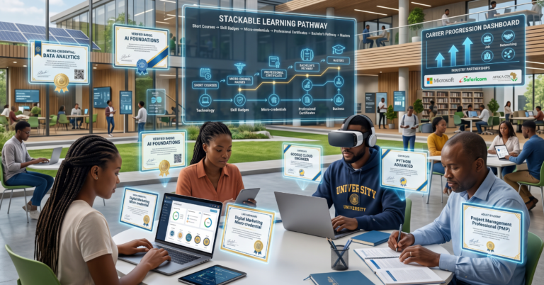 Show a modern African university promoting flexible, skills-based learning. Feature students and working professionals using laptops to earn digital badges, certificates, and micro-credentials through an online learning platform. Include visual elements such as stackable learning pathways, career progression, digital credential verification, and university branding to represent the future of lifelong learning and workforce-ready education.